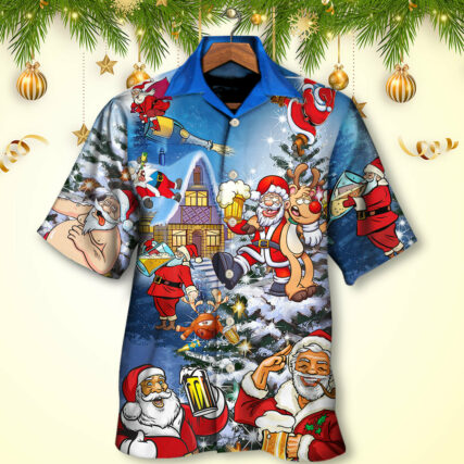Christmas Funny Santa Claus Drinking Beer Troll Xmas - Hawaiian Shirt - Owl Ohh - Owl Ohh