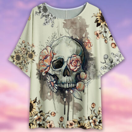 Skull Vintage Flower Style - Women's T-shirt With Bat Sleeve - Owl Ohh - Owl Ohh