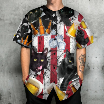 Beer And Black Cat American Flag Vintage - Baseball Jersey - Owl Ohh - Owl Ohh