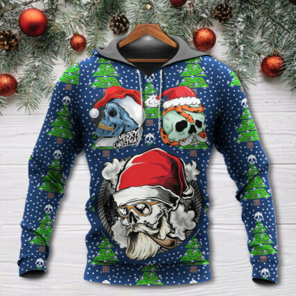 Christmas Skull With Santa Hat Merry Christmas Snow - Hoodie - Owl Ohh - Owl Ohh