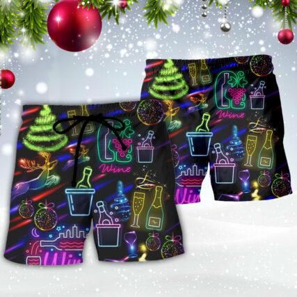 Wine Christmas Neon Art Drinking - Beach Short - Owl Ohh - Owl Ohh