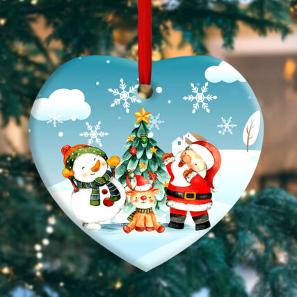 Christmas Santa Snowman And Deer Happy Together - Heart Ornament - Owl Ohh - Owl Ohh