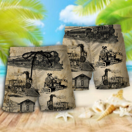 Train Vintage Art Sketch - Beach Short - Owl Ohh - Owl Ohh