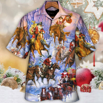 Christmas Santa And Horse Ho Ho Ho Everywhere Merry Xmas - Hawaiian Shirt - Owl Ohh for men and women, kids - Owl Ohh