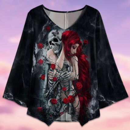 Skull Couple Love Rose Style - V-neck T-shirt - Owl Ohh - Owl Ohh