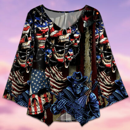 Skull America Flag Vintage - V-neck T-shirt - Owl Ohh - Owl Ohh