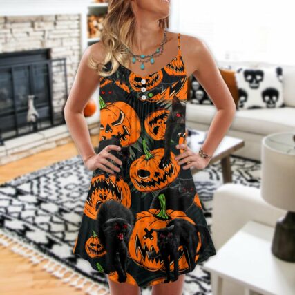 Halloween Black Cat Pumpkin Scary Tropical - V-neck Sleeveless Cami Dress - Owl Ohh - Owl Ohh