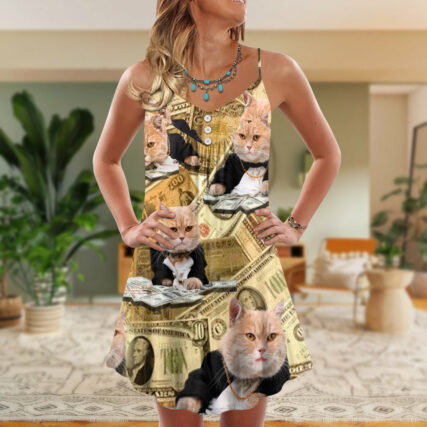 Cat Money Vintage Style - V-neck Sleeveless Cami Dress - Owl Ohh - Owl Ohh
