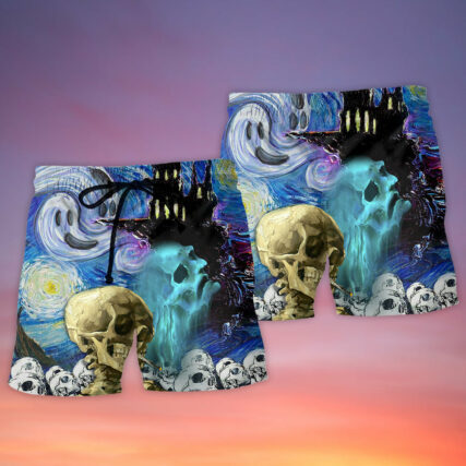 Halloween Skull Smoke Scream Starry Night Funny Boo Art Style - Beach Short - Owl Ohh - Owl Ohh