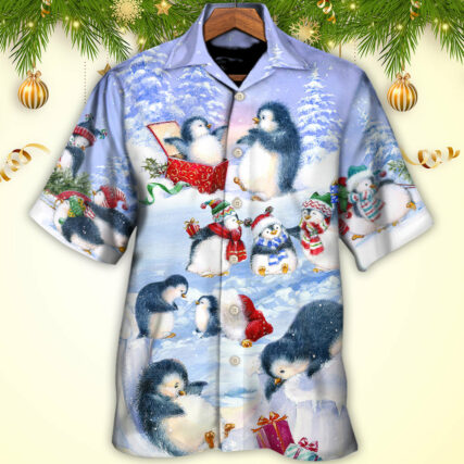 Christmas Penguin Family In Love Christmas Art Style - Hawaiian Shirt - Owl Ohh for men and women, kids - Owl Ohh