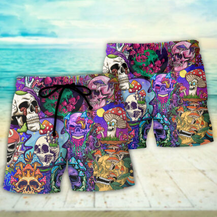 Hippie Mushroom And Skull Colorful Art - Beach Short - Owl Ohh - Owl Ohh
