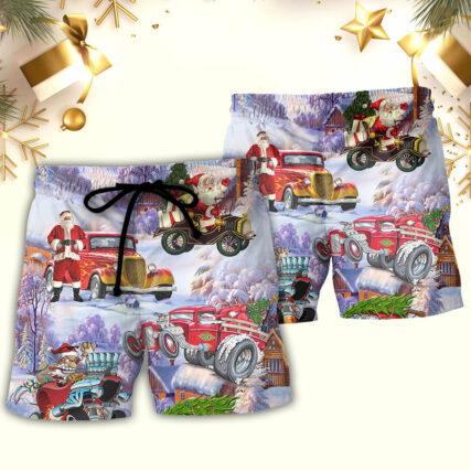 Santa Hot Rod Christmas Tree Merry Xmas - Beach Short - Owl Ohh - Owl Ohh
