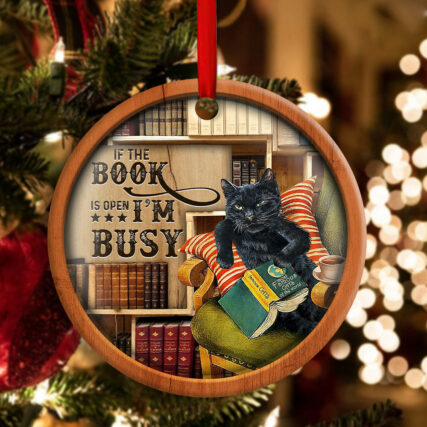 Christmas Black Cat Lover Book Library Decor Tree Hanging - Circle Ornament - Owl Ohh - Owl Ohh