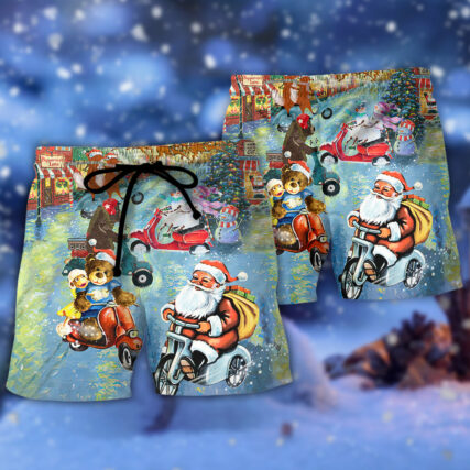 Christmas Santa And Animal Driving Scooter - Beach Short - Owl Ohh - Owl Ohh