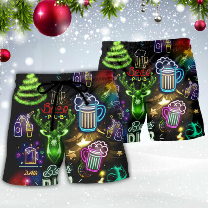 Beer Christmas Neon Art Drinking - Beach Short - Owl Ohh - Owl Ohh