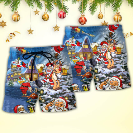 Christmas Funny Santa Claus Drinking Beer Troll Xmas - Beach Short - Owl Ohh - Owl Ohh