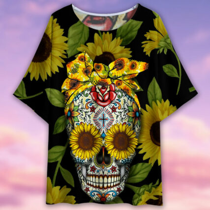 Skull Sunflower Pattern Style - Women's T-shirt With Bat Sleeve - Owl Ohh - Owl Ohh