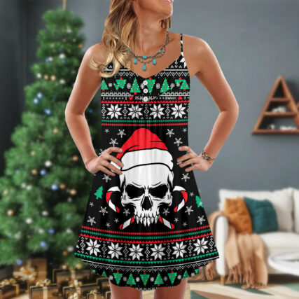 Christmas Skull Wearing Santa Claus Hat And Sweat Candy - V-neck Sleeveless Cami Dress - Owl Ohh - Owl Ohh