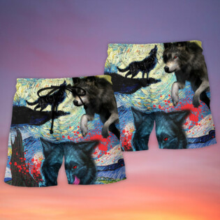 Halloween Black Wolf Crazy Starry Night Blood Art Style - Beach Short - Owl Ohh - Owl Ohh