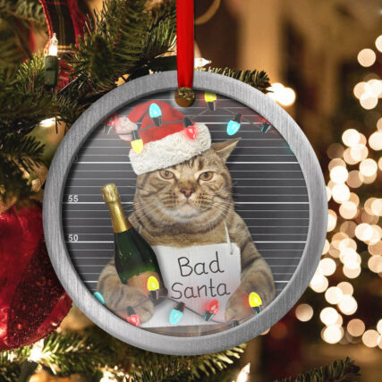 Christmas Cat Bad Santa Champagne And Santa Hat - Circle Ornament - Owl Ohh - Owl Ohh