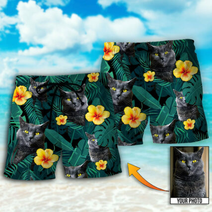 Black Cat Green Tropical Custom Photo - Beach Short - Owl Ohh - Owl Ohh