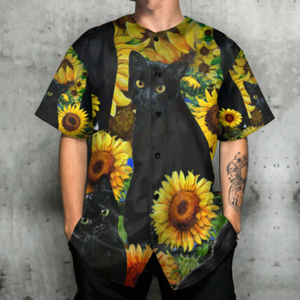 Black Cat Love Sunflower - Baseball Jersey - Owl Ohh - Owl Ohh