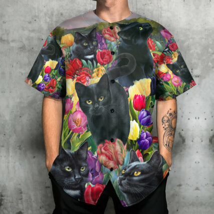 Black Cat Love Flowers Colorfull - Baseball Jersey - Owl Ohh - Owl Ohh