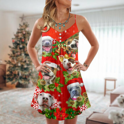 Christmas Dogs Christmas Pitbulls Are Family - V-neck Sleeveless Cami Dress - Owl Ohh - Owl Ohh
