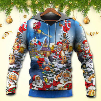 Christmas Funny Santa Claus Drinking Beer Troll Xmas - Hoodie - Owl Ohh - Owl Ohh