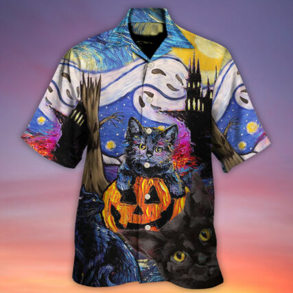 Halloween Black Cat Starry Night Funny Cat Painting Art Style - Hawaiian Shirt - Owl Ohh - Owl Ohh
