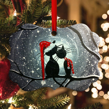 Christmas Cat Couple Lover With Moon - Horizontal Ornament - Owl Ohh - Owl Ohh