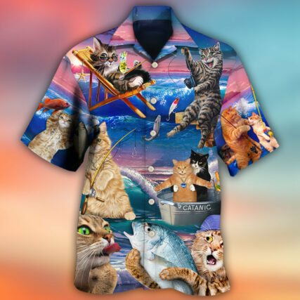 Fishing Cat Cute Beach Art Style - Hawaiian Shirt - Owl Ohh - Owl Ohh