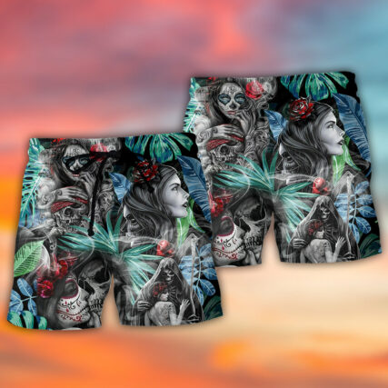 Skull Tropical White Smoke Red Flower - Beach Short - Owl Ohh - Owl Ohh