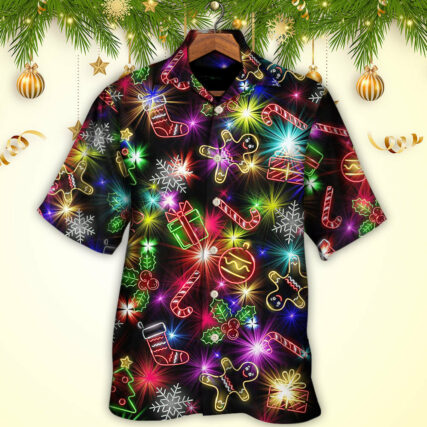 Christmas With Tree And Gift Cookies Gingerbread Man Neon Style - Hawaiian Shirt - Owl Ohh for men and women, kids - Owl Ohh