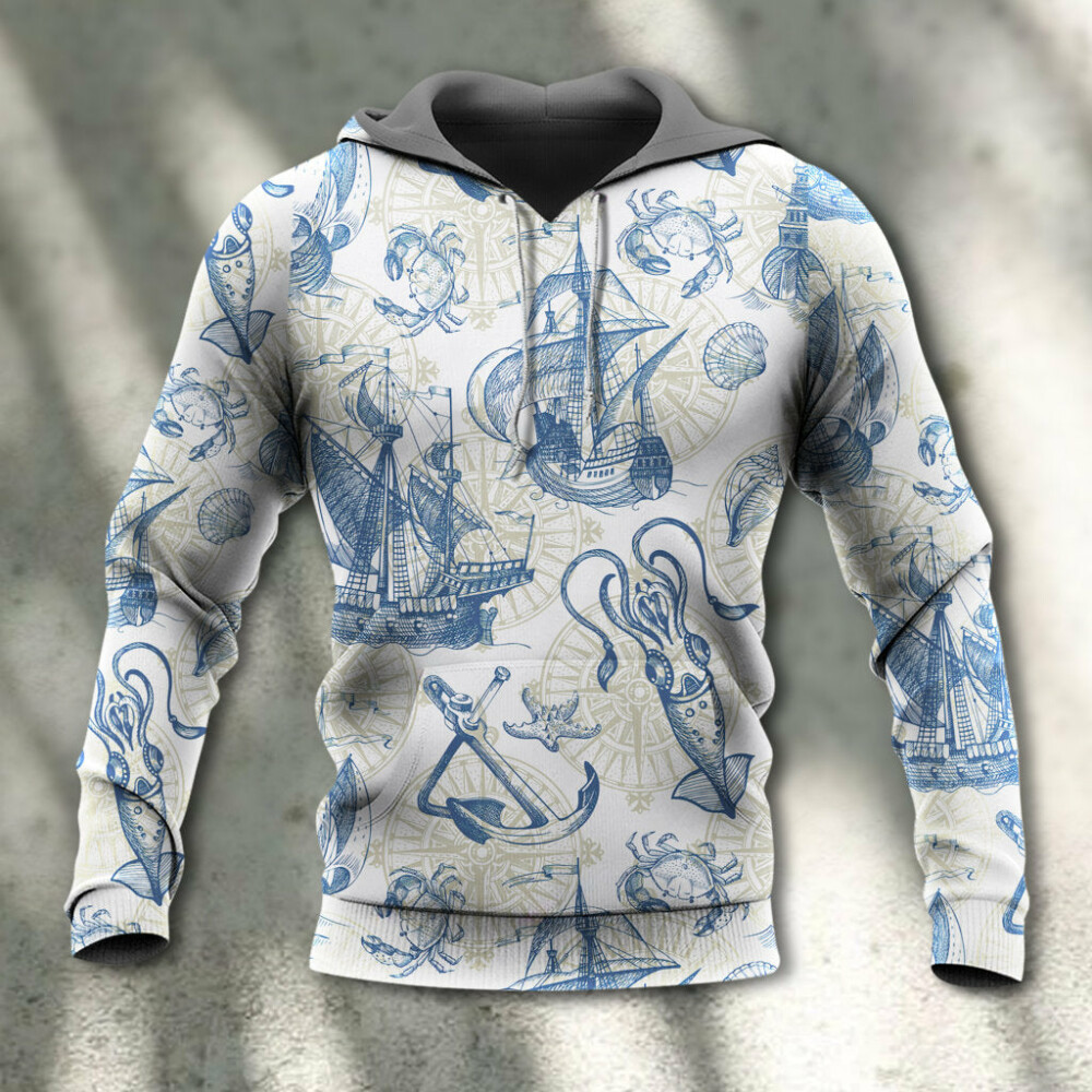 Ocean Life Vintage Sailboat Sea Monster Geographical Maps - Hoodie - Owl Ohh - Owl Ohh