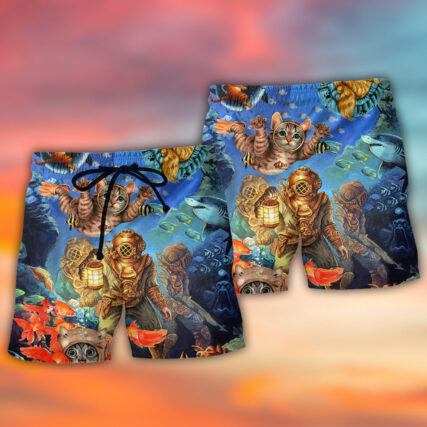 Diving Cat Under The Sea Art Style - Beach Short - Owl Ohh - Owl Ohh