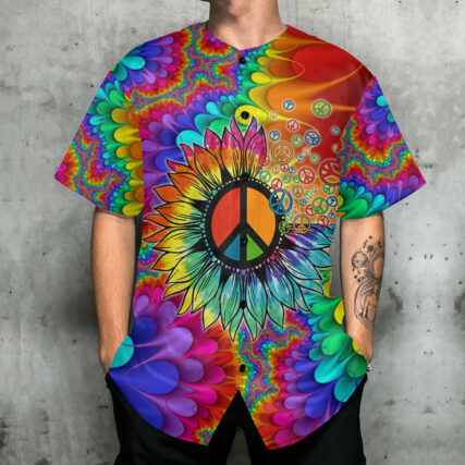 Hippie Peace Art With Sunflower - Baseball Jersey - Owl Ohh - Owl Ohh