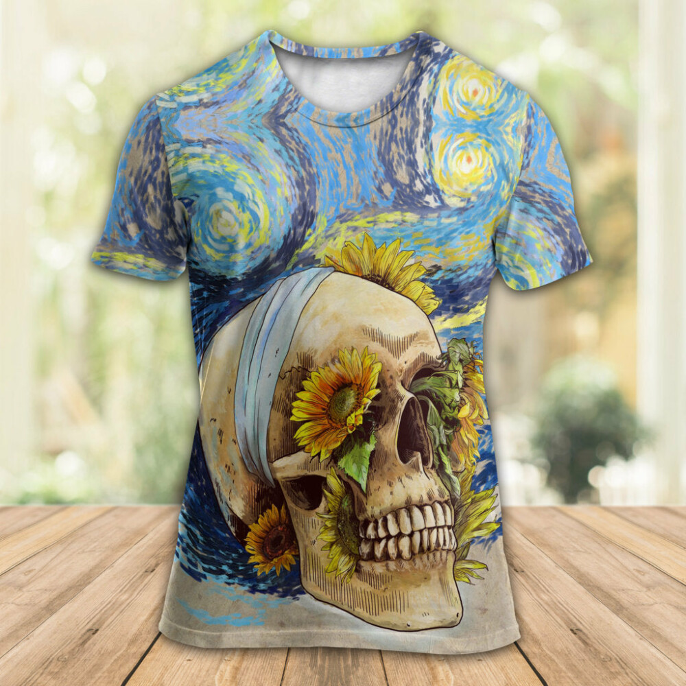 Skull And Sunflower Vintage Amazing Starry Night - Round Neck T-shirt - Owl Ohh - Owl Ohh