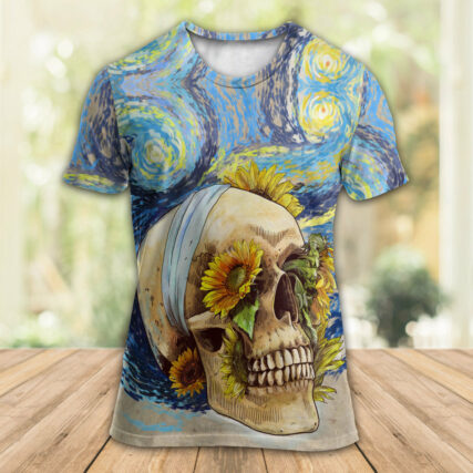 Skull And Sunflower Vintage Amazing Starry Night - Round Neck T-shirt - Owl Ohh - Owl Ohh