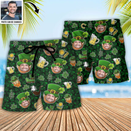 St Patricks Day Happy Coin Shamrock Lucky Custom Photo - Beach Short - Personalized Photo Gifts - Owl Ohh