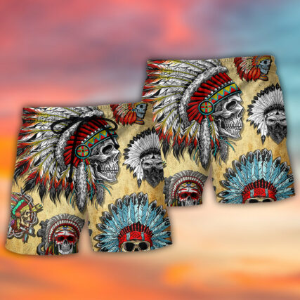 Native American Skull Vintage Art Style - Beach Short - Owl Ohh - Owl Ohh