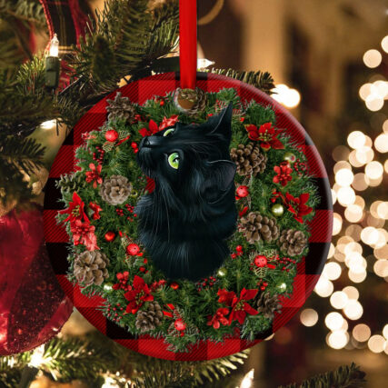 Christmas Black Cat Meowy Catmas - Circle Ornament - Owl Ohh - Owl Ohh