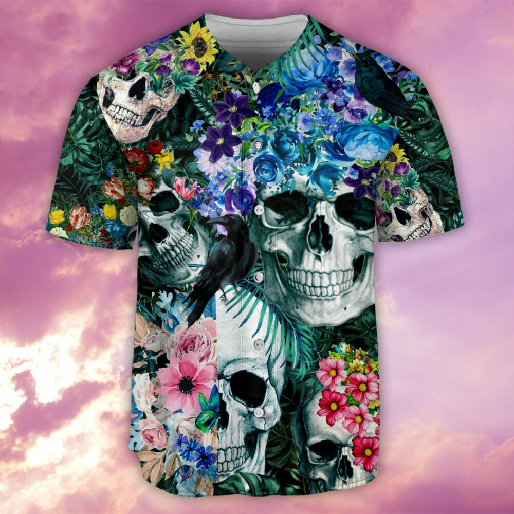 Skull Love Flowers Smile Happy - Baseball Jersey - Owl Ohh - Owl Ohh
