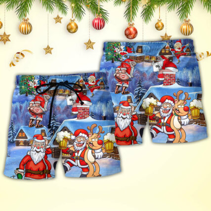 Christmas Santa Claus Drunk Beer Troll Happy Xmas - Beach Short - Owl Ohh - Owl Ohh