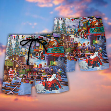 Christmas Holiday Santa Claus in a Train - Beach Short - Owl Ohh - Owl Ohh