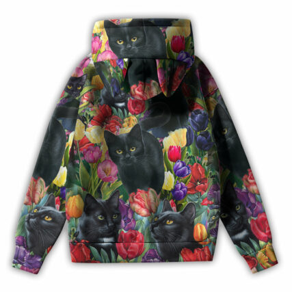 Black Cat Love Flowers Color - Ears Hoodie - Owl Ohh - Owl Ohh