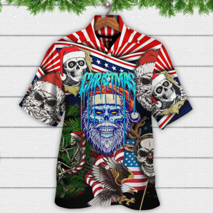 Skull Christmas US Flag Skeleton Horror Merry Christmas - Hawaiian Shirt - Owl Ohh - Owl Ohh