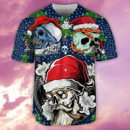Skull With Santa Hat Merry Christmas - Baseball Jersey - Owl Ohh - Owl Ohh