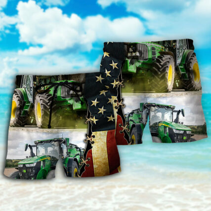 Tractor Independence Day Green Tractor US Flag - Beach Short - Owl Ohh - Owl Ohh