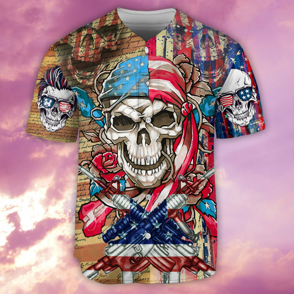 Skull Patriotic Flower America - Baseball Jersey - Owl Ohh - Owl Ohh